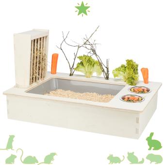 Konijnen voerstation met hooiruif en voerbakken