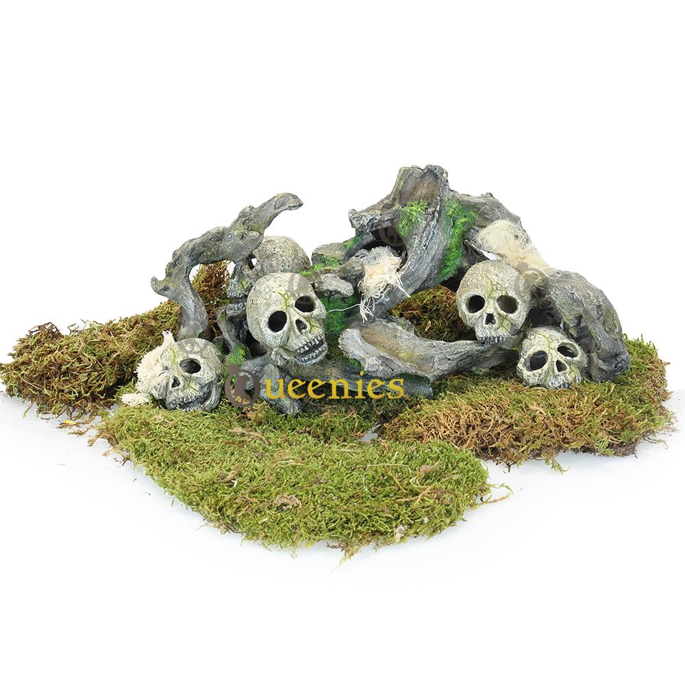 Natuurlijke inrichting met boomstronken en schedels