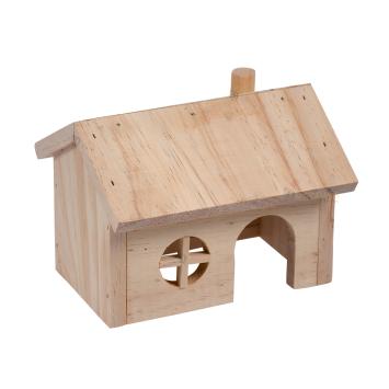 Blank houten hamster huisje Hendrik met puntdak en schoorsteen