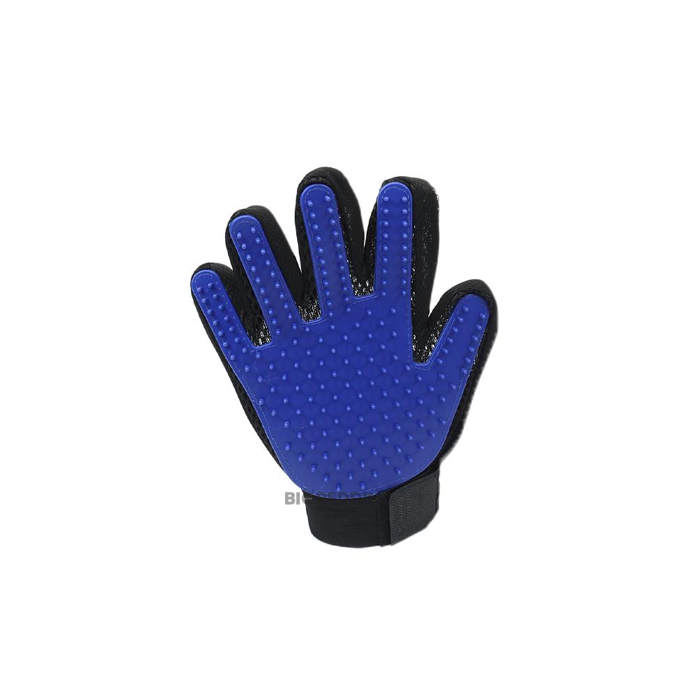 Verzorgingshandschoen blauw voor het masseren en verzorgen van vacht bij huisdieren