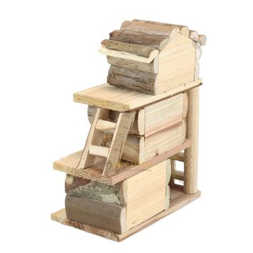 Bovenaanzicht van houten knaagdierhuis Huisje Tara met openingen en tunnel