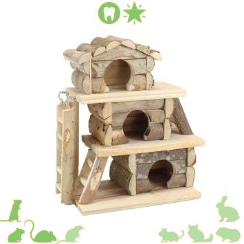Houten knaagdierhuis Huisje Tara met drie verdiepingen en natuurlijke afwerking
