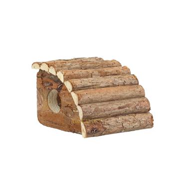 Achterzijde van houten hamsterhuis Huisje Vince met schuin boomstamdak