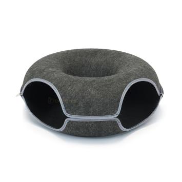 Donkergrijze donut kattenmand van vilt met dubbele opening