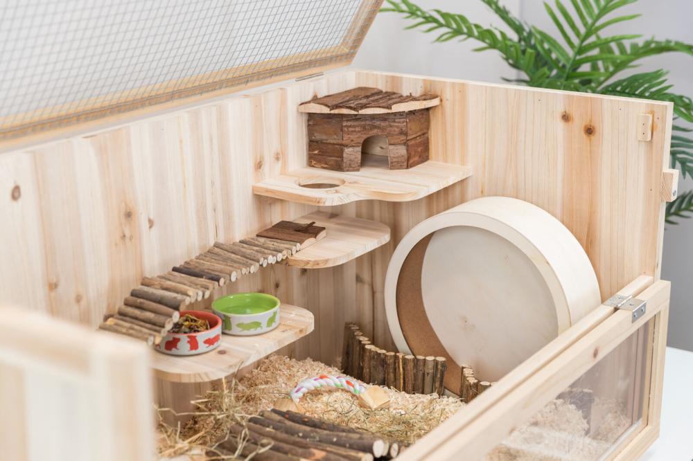 Inrichting houten knaagdieren kooi 100x50x50