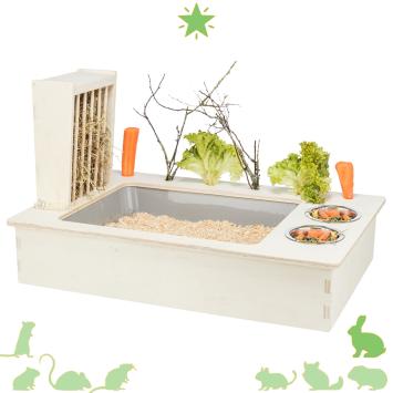 Konijnen voerstation met hooiruif en voerbakken