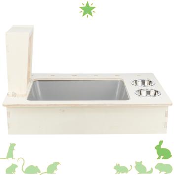Houten konijnen voerplek met RVS bakjes